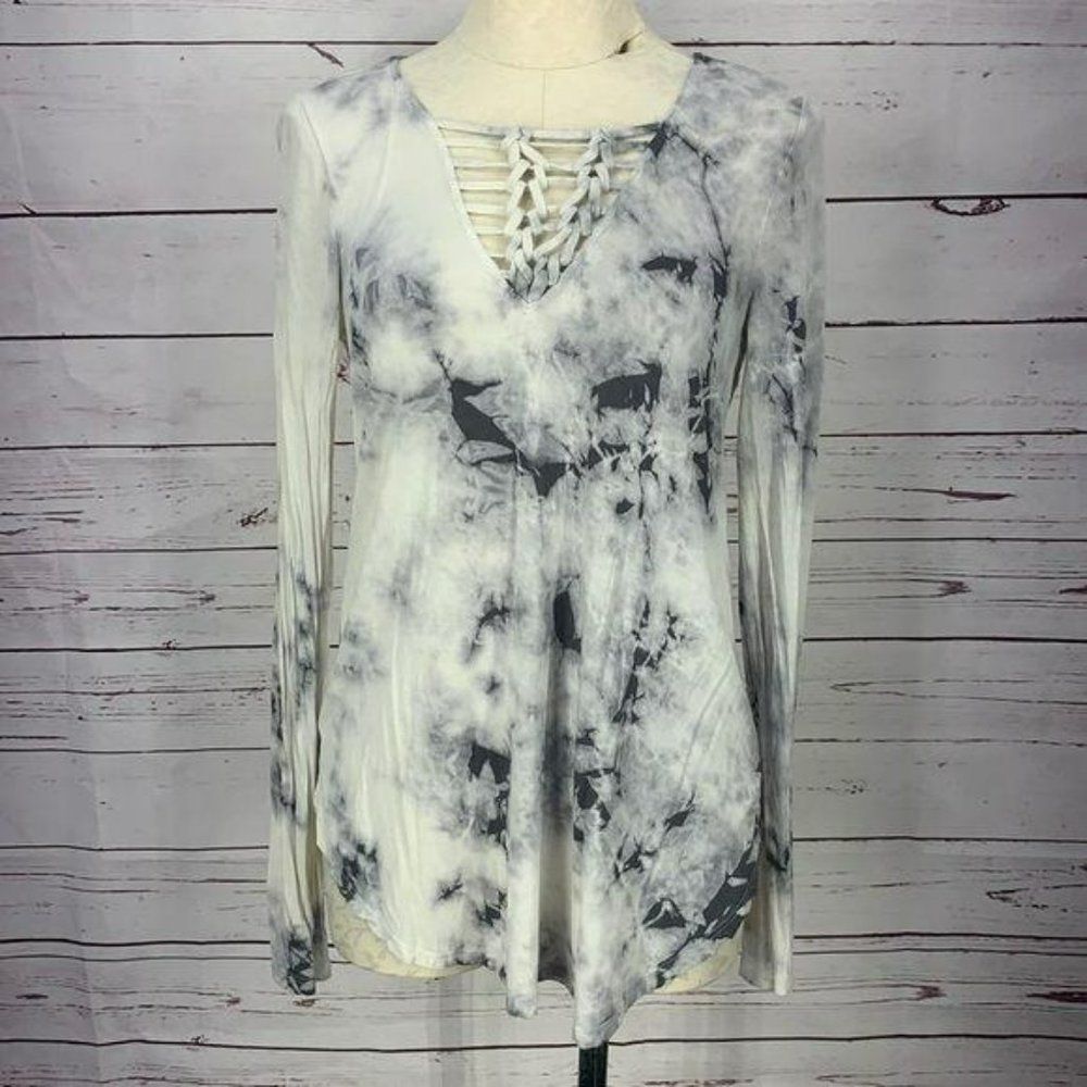 American Eagle Woman's Gray Black Tie Dye Long Sleeve Top Blouse Size Small - Picture 2 of 8